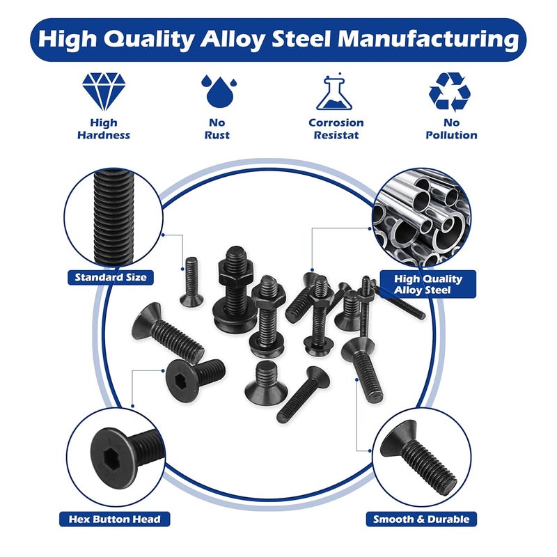 JROUTH 1500pcs Screws Assortment , M2 M3 M4 M5 10.9 Grade Alloy Steel Hex Flat Head Cap Bolts Nuts Washers Assortment Kit with Hex Wrenches, A Black Hex Flat Head Cap Bolts, (M2-M5-1500) - Image 4